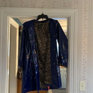 Dennis Basso blue vinyl raincoat with cheetah lining size S in Fair Condition.